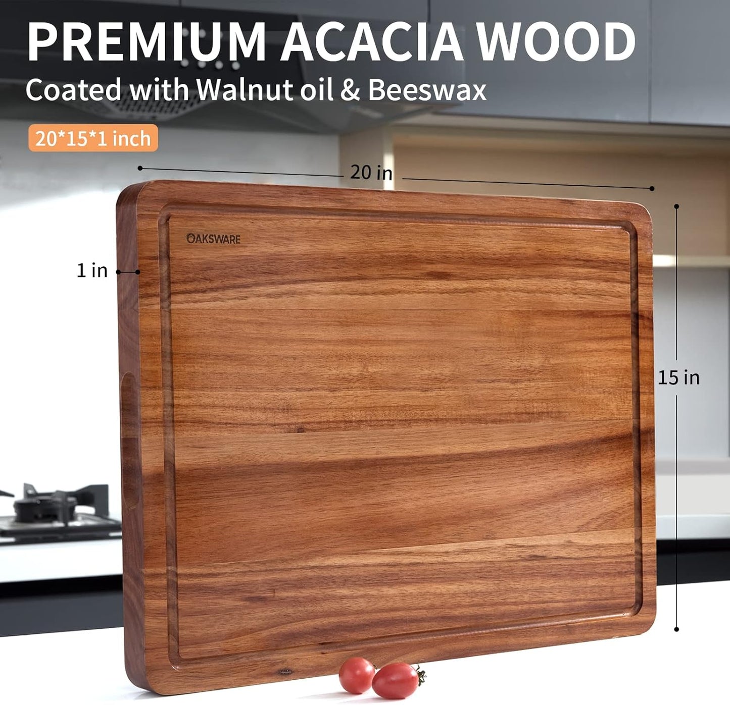 Cutting Boards, 16.5x13 Large Acacia Wooden Cutting Boards for Kitchen, Edge Grain Reversible Wood Chopping Board with Juice Groove and Handles, Pre-Oiled Carving Tray for Meat & Cheese