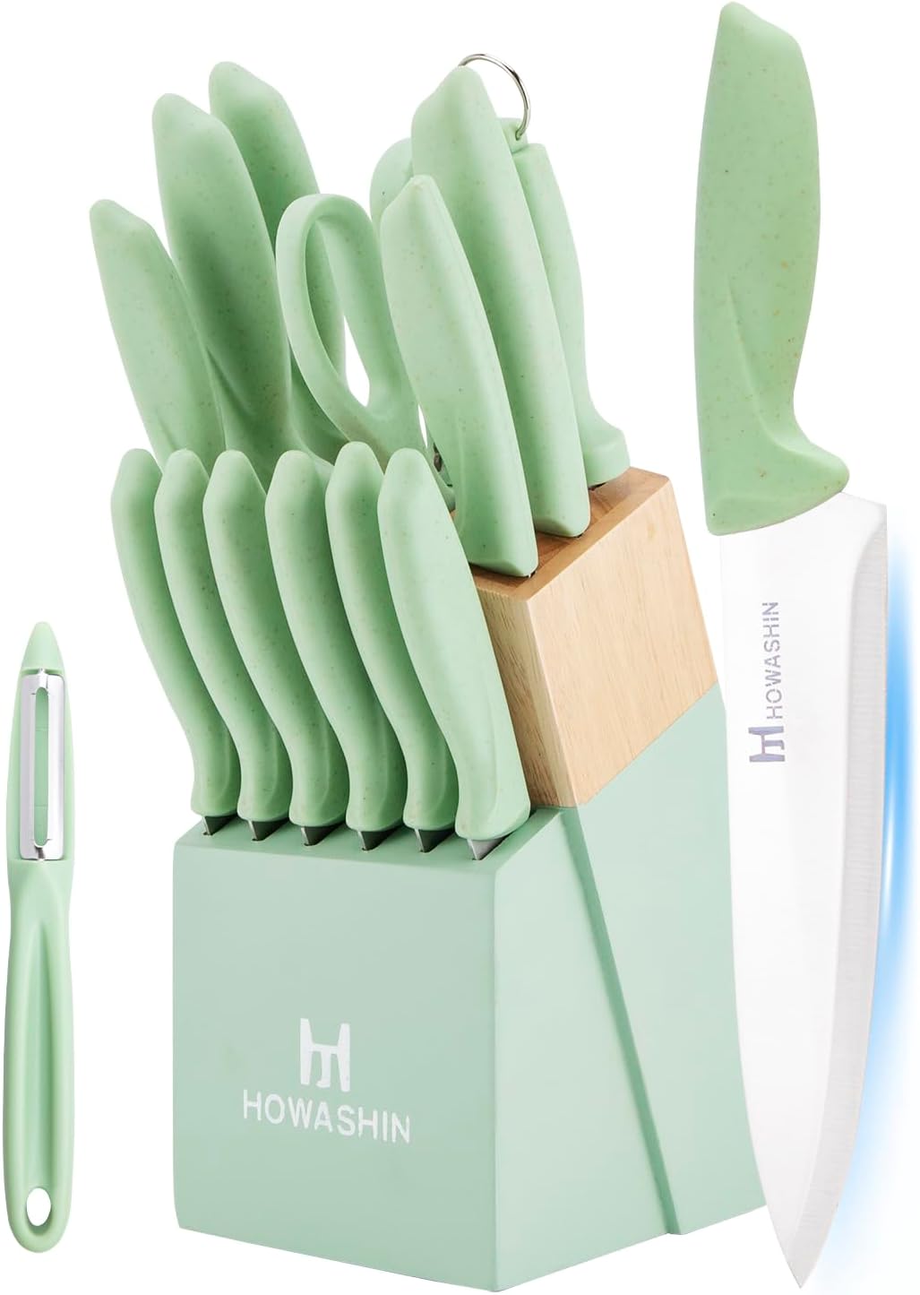 Green Knife Set, 15 Pcs Kitchen Knife Set with Block,High Carbon German Stainless Steel Knife Block Set with Magi-Grip Handle,Hand wash Safe Knives Set