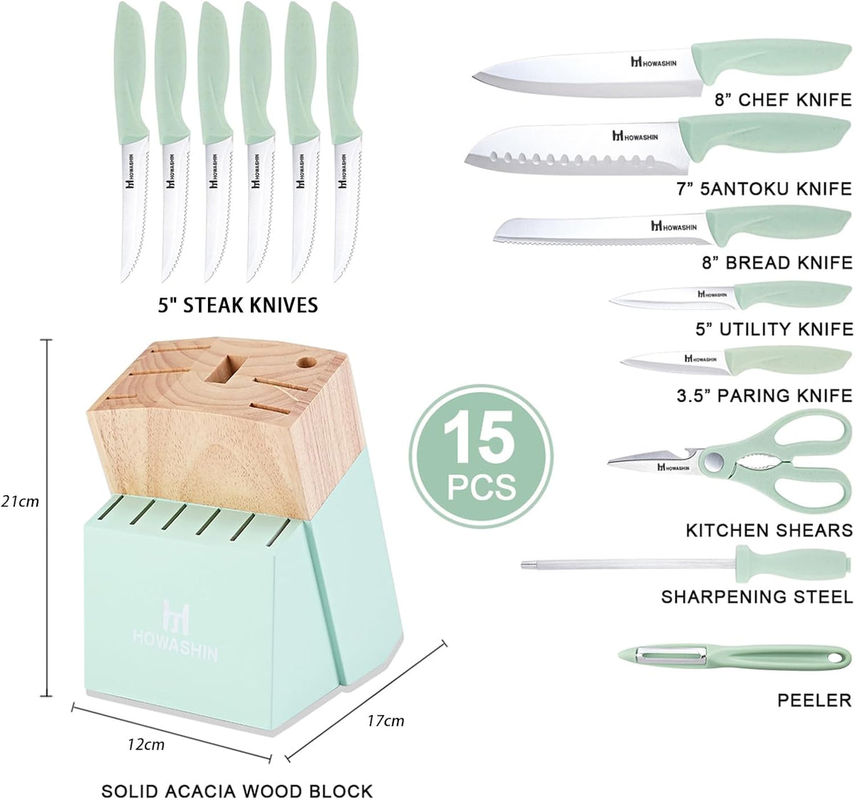 Green Knife Set, 15 Pcs Kitchen Knife Set with Block,High Carbon German Stainless Steel Knife Block Set with Magi-Grip Handle,Hand wash Safe Knives Set