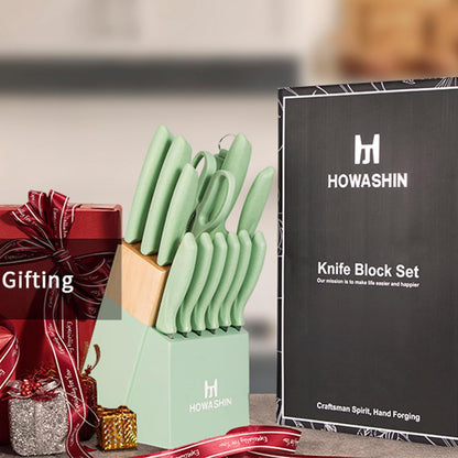 Green Knife Set, 15 Pcs Kitchen Knife Set with Block,High Carbon German Stainless Steel Knife Block Set with Magi-Grip Handle,Hand wash Safe Knives Set