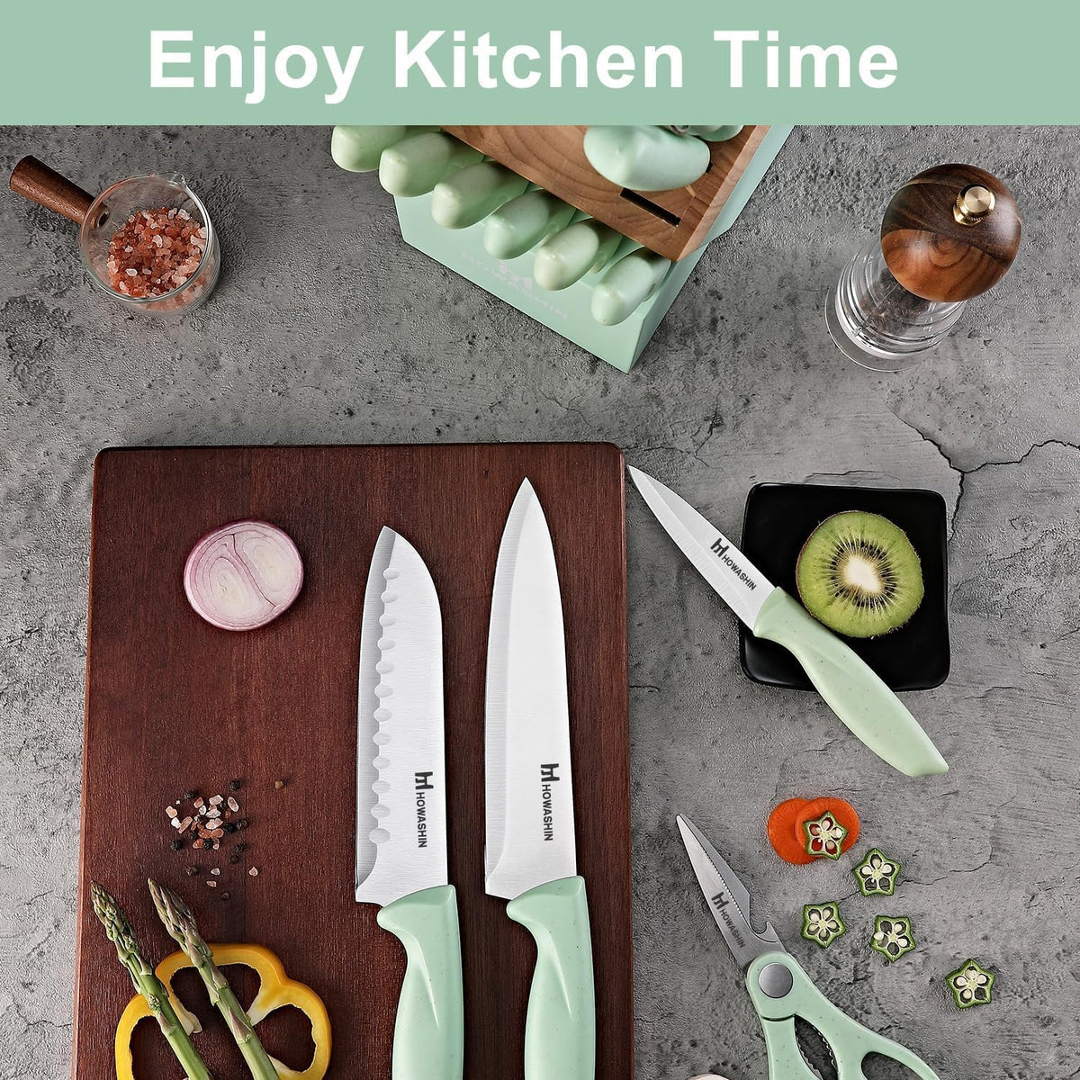 Green Knife Set, 15 Pcs Kitchen Knife Set with Block,High Carbon German Stainless Steel Knife Block Set with Magi-Grip Handle,Hand wash Safe Knives Set