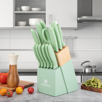 Green Knife Set, 15 Pcs Kitchen Knife Set with Block,High Carbon German Stainless Steel Knife Block Set with Magi-Grip Handle,Hand wash Safe Knives Set
