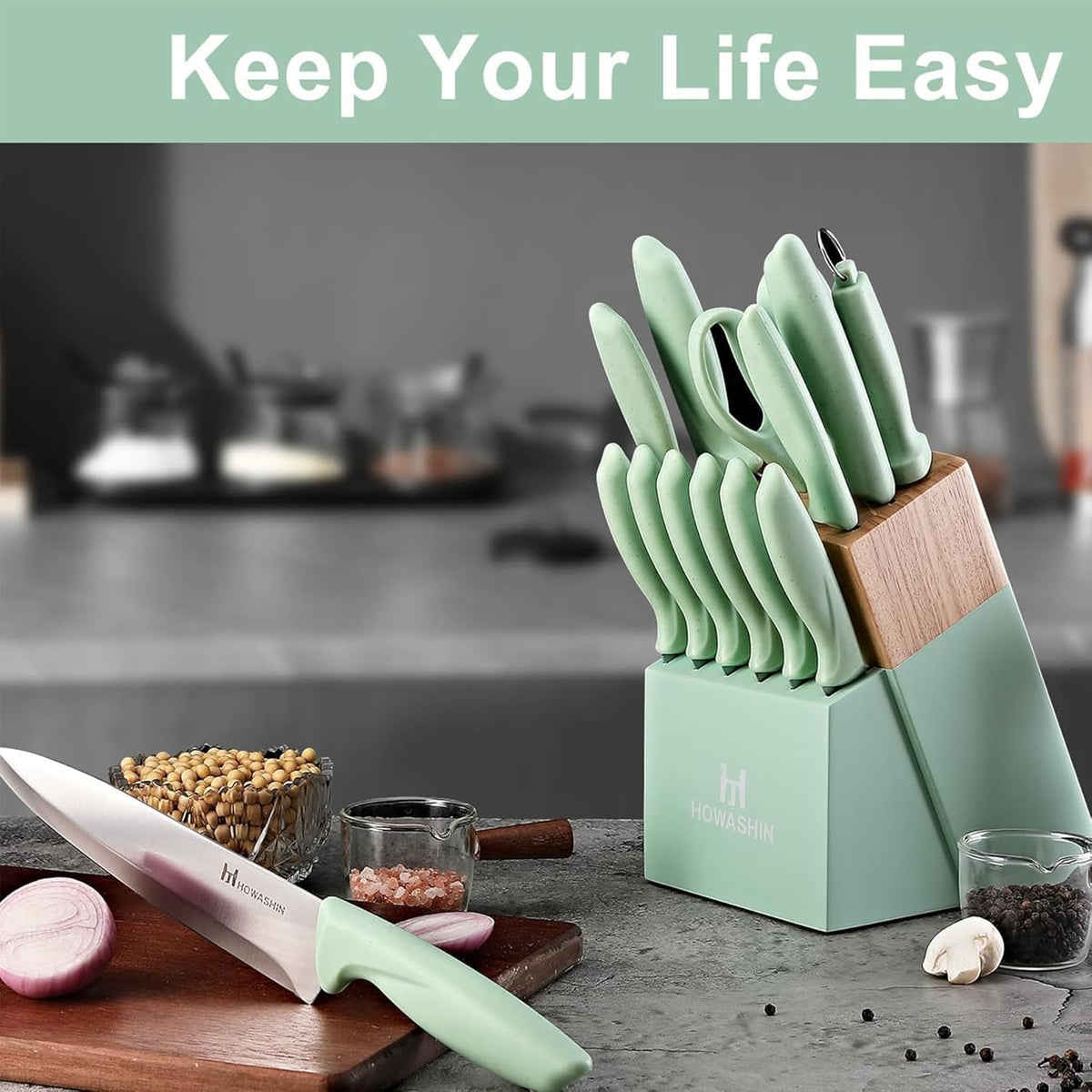 Green Knife Set, 15 Pcs Kitchen Knife Set with Block,High Carbon German Stainless Steel Knife Block Set with Magi-Grip Handle,Hand wash Safe Knives Set