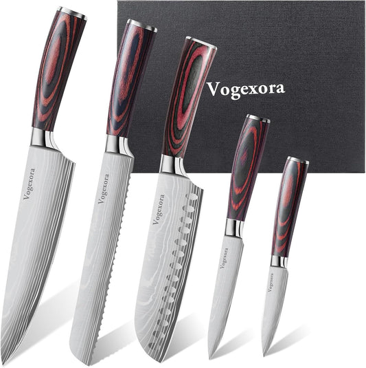 5 Pcs Chefs Kitchen Sharp Knife Set - Japanese Professional Cooking Cutting Knives for Meat Vegetable Bread and Paring, High Carbon Stainless Steel Santoku