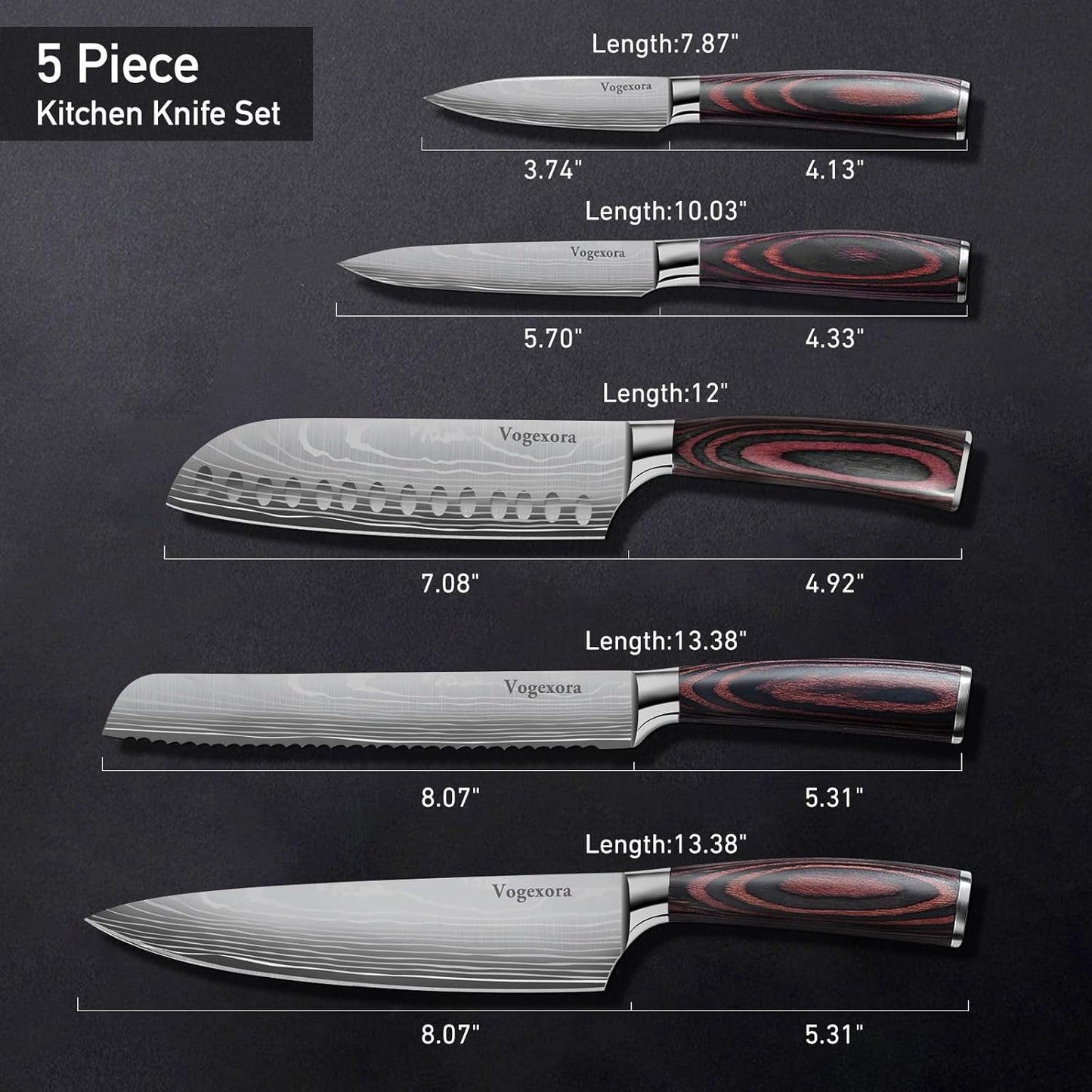 5 Pcs Chefs Kitchen Sharp Knife Set - Japanese Professional Cooking Cutting Knives for Meat Vegetable Bread and Paring, High Carbon Stainless Steel Santoku