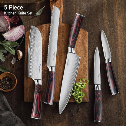 5 Pcs Chefs Kitchen Sharp Knife Set - Japanese Professional Cooking Cutting Knives for Meat Vegetable Bread and Paring, High Carbon Stainless Steel Santoku