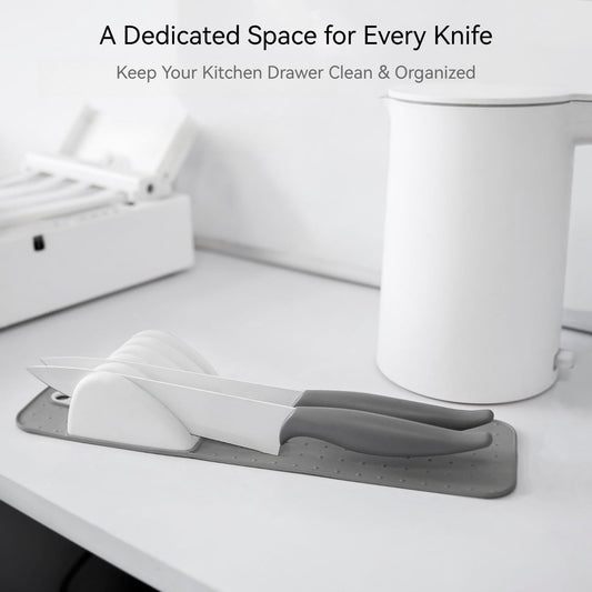 5 Slot Knife Drawer Organizer Tray – Slim In-Drawer Knife Holder Insert with Non-Slip Mat, Compact Kitchen Knife Storage (Gray & White)