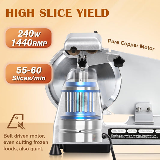 Meat Slicer Machine, 10" 240W Electric Deli Meat Cheese Food Slicer, 0-1/2" Adjustable Thickness Semi-Auto Frozen Meat Slicer for Home & Commercial, Copper Motor Low Noise Durable