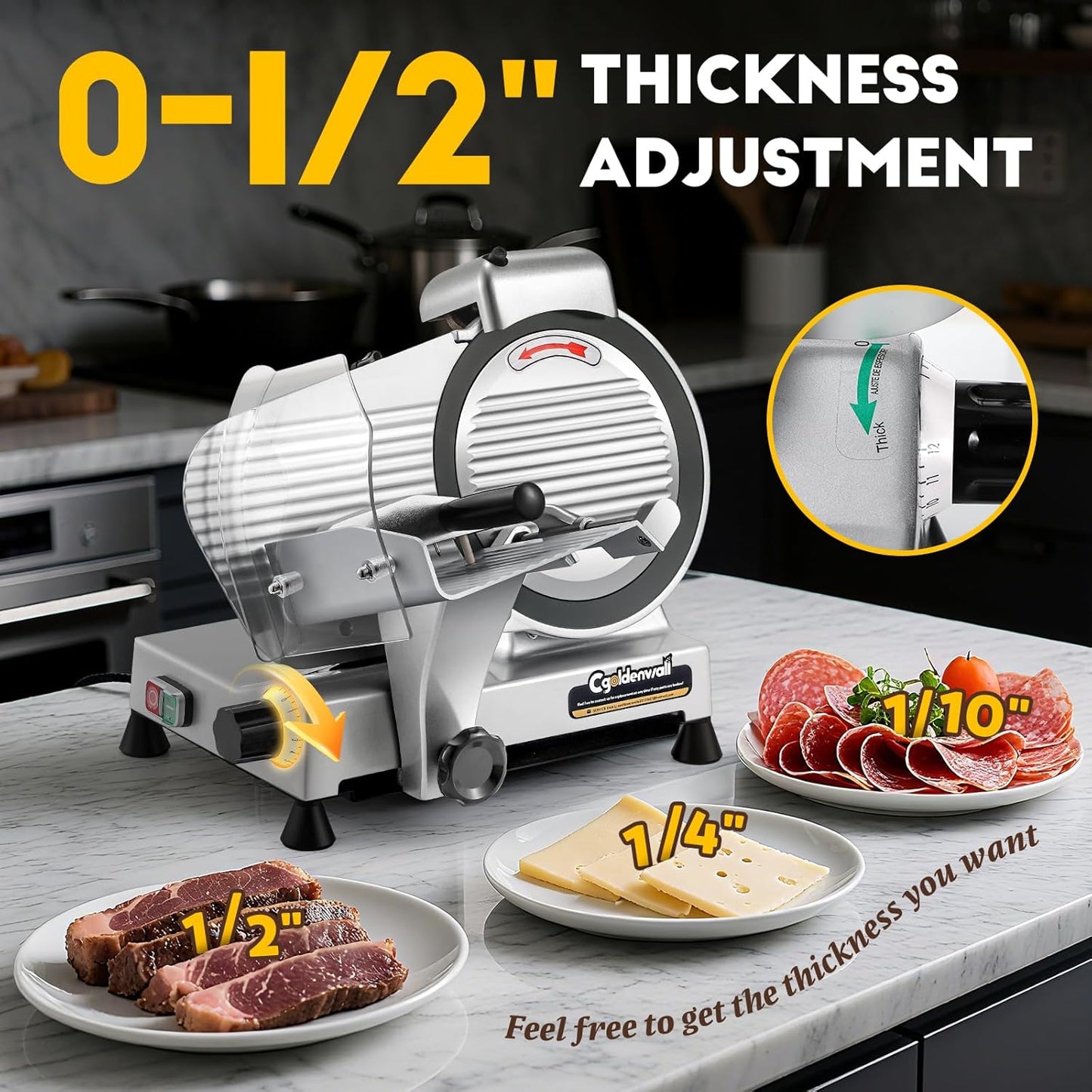 Meat Slicer Machine, 10" 240W Electric Deli Meat Cheese Food Slicer, 0-1/2" Adjustable Thickness Semi-Auto Frozen Meat Slicer for Home & Commercial, Copper Motor Low Noise Durable