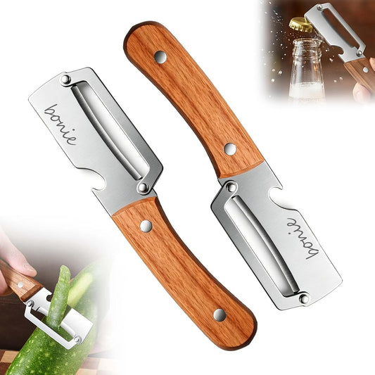 Multi-Functional Vegetable Peeler for Kitchen, 2026 New Stainless Steel Peeler with Wooden Handle and Bottle Opener, Kitchen Tool for Fruit Veggie Pumpkin, Gifts for Mom (2PCS)