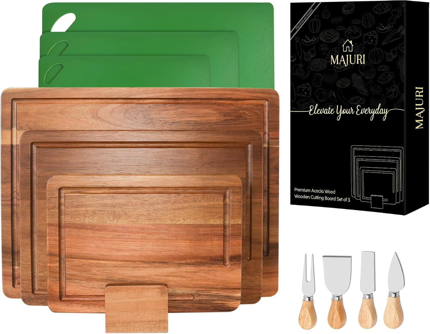 Acacia wood Cutting Board – 11 PCS set, Extra large wood cutting boards with holder, Deep Juice Grooves, Halloween Charcuterie Board, Cutting boards non toxic for kitchen, Ideal Gift for Birthday