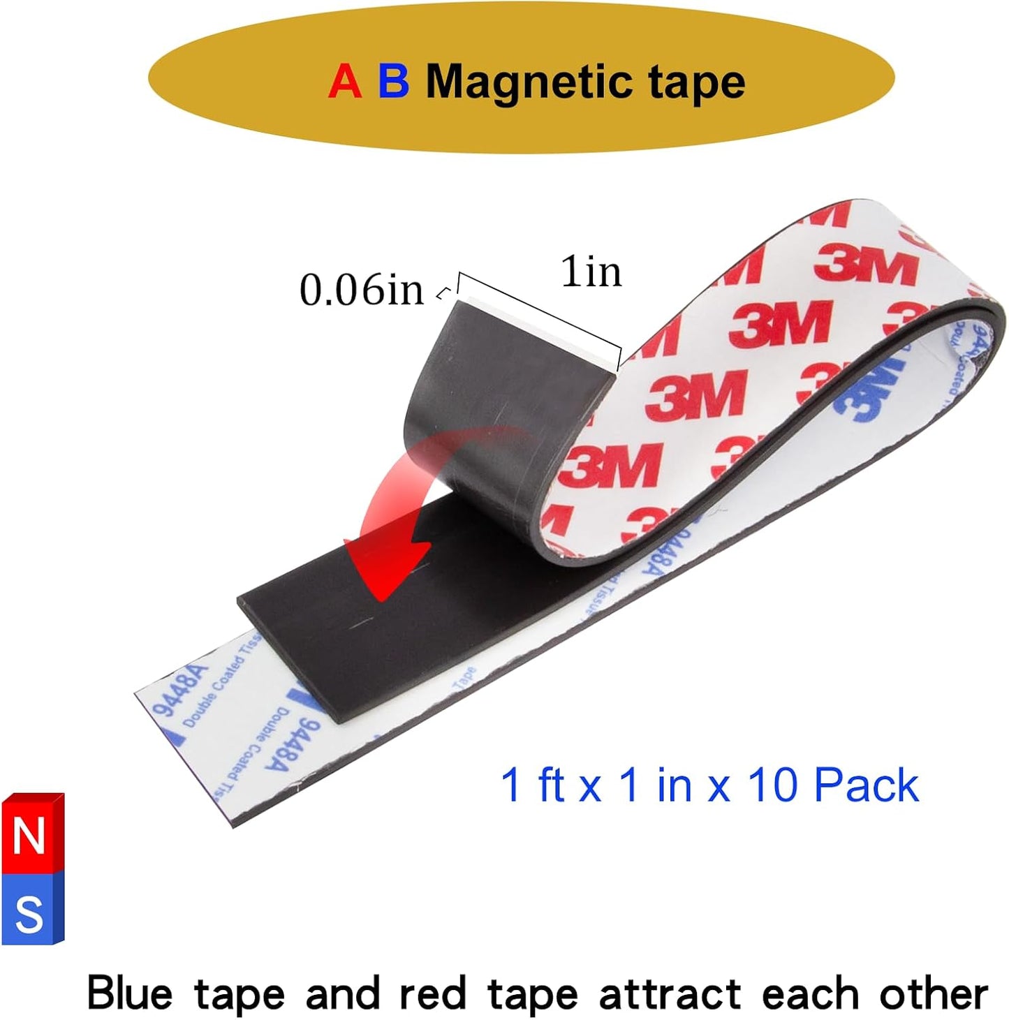10 Pack=5 Pairs, A+B Paired Magnetic Tape with Adhesive Backing, Each 12in x 1in x 0.08in AB Pairing Magnet Strips Match to Use for DIY Closure Craftings