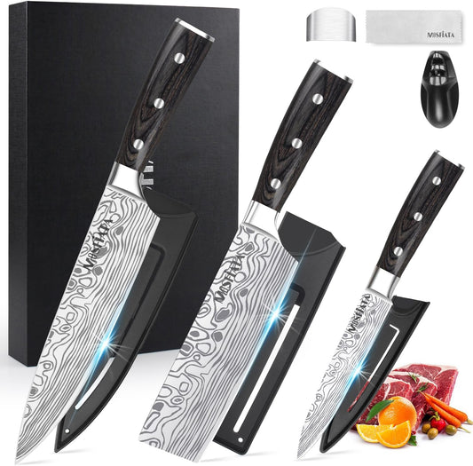 Professional Chef Knife Set with German High Carbon Stainless Steel Kitchen Knife Set 3 PCSwith Finger Guard,Knife Sharpener,Knives Set for Kitchen with Gift Box