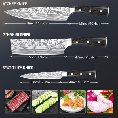 Professional Chef Knife Set with German High Carbon Stainless Steel Kitchen Knife Set 3 PCSwith Finger Guard,Knife Sharpener,Knives Set for Kitchen with Gift Box