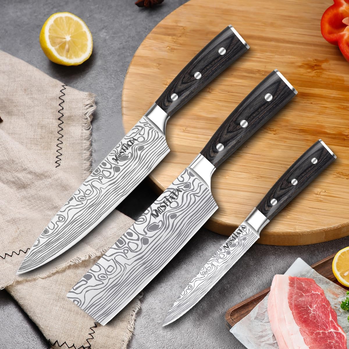 Professional Chef Knife Set with German High Carbon Stainless Steel Kitchen Knife Set 3 PCSwith Finger Guard,Knife Sharpener,Knives Set for Kitchen with Gift Box