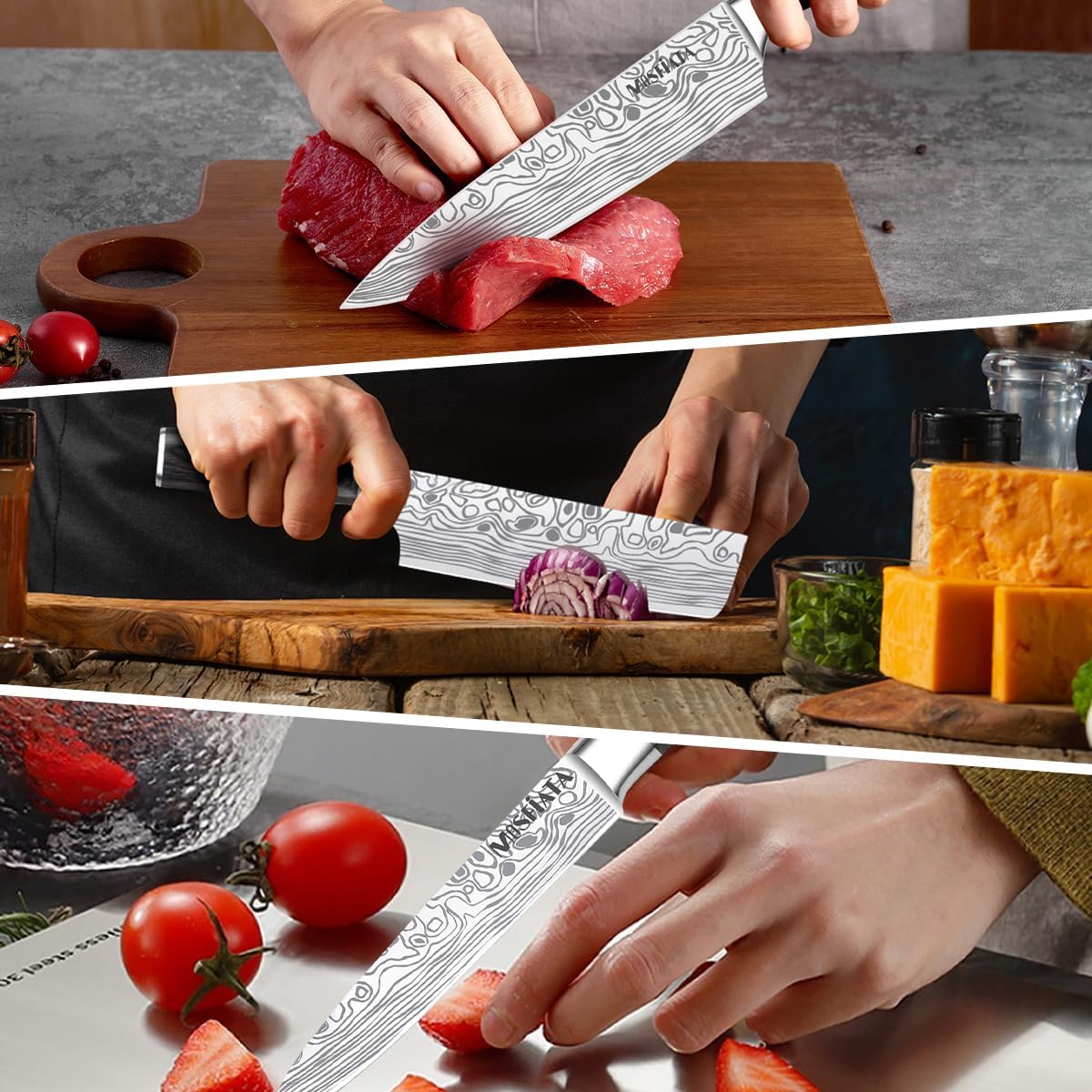 Professional Chef Knife Set with German High Carbon Stainless Steel Kitchen Knife Set 3 PCSwith Finger Guard,Knife Sharpener,Knives Set for Kitchen with Gift Box