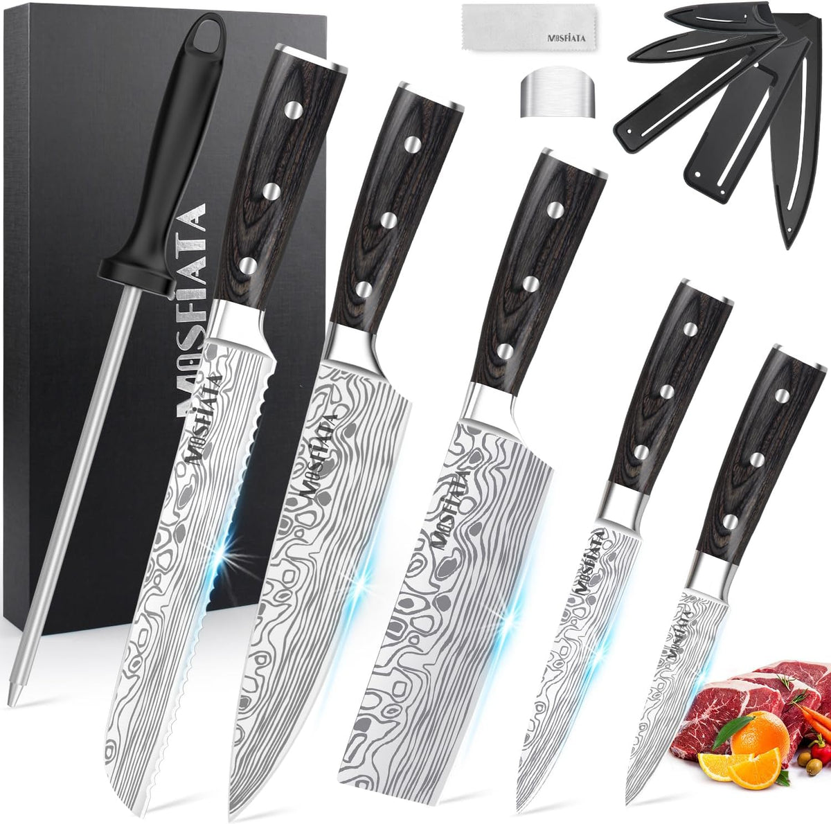 Professional Chef Knife Set with German High Carbon Stainless Steel Kitchen Knife Set 3 PCSwith Finger Guard,Knife Sharpener,Knives Set for Kitchen with Gift Box