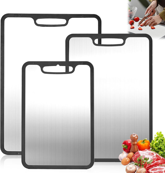 Titanium Cutting Board Set of 3, 360° Silicone Anti-Slip Edge, Non-Porous & Odor Resistant Metal Cutting Boards for Raw Meat, Fish, Vegetables and Meal Prep, Easy to Clean & Dishwasher Safe