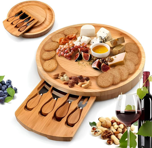 Charcuterie Boards Gift Set - Premium Bamboo Cheese Board Set with 4 PCS Knife Set, Serving Plates Housewarming, Wedding,Christmas Charcuterie Board, Hostess Gifts