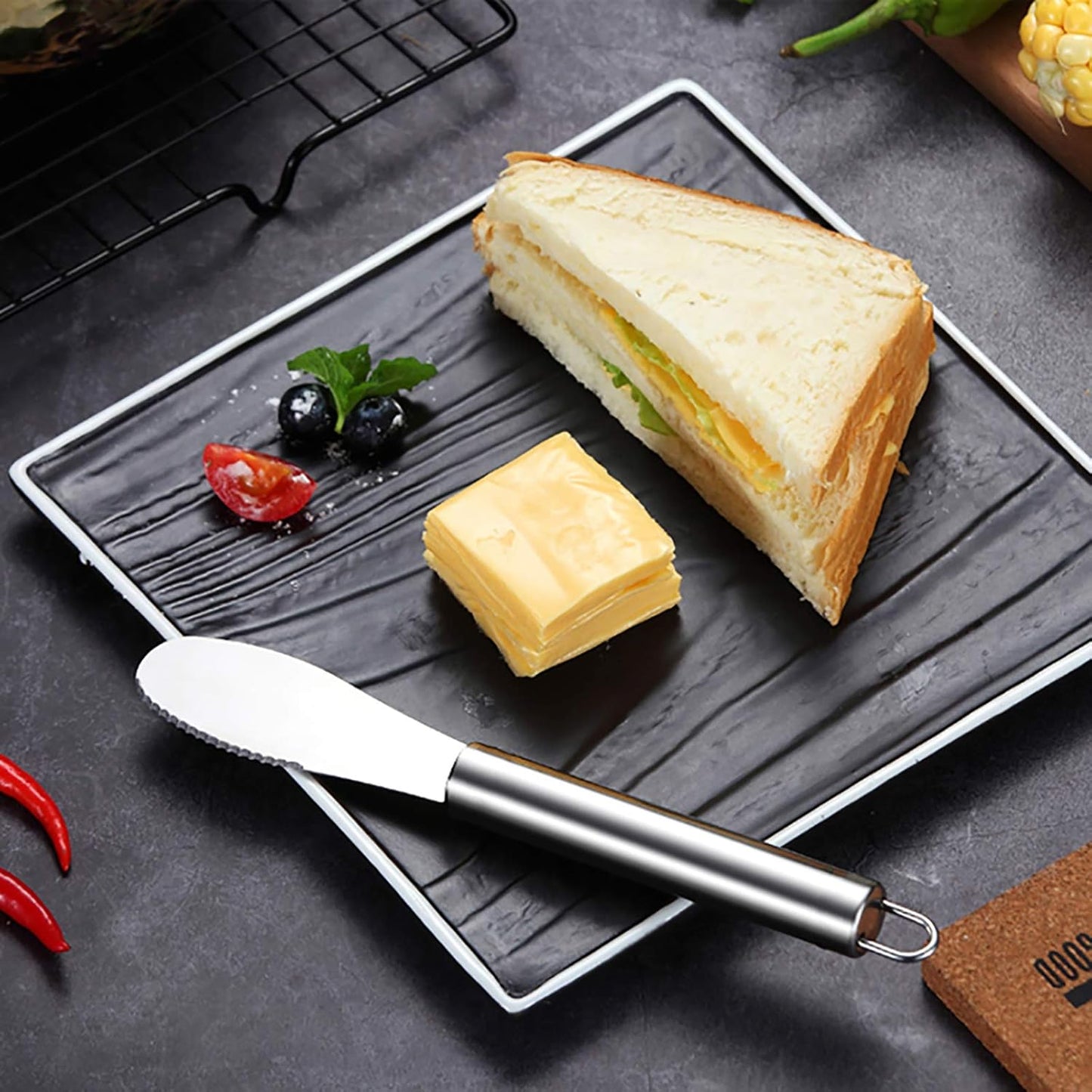 Wide Butter Spreader Knife Set 4-Piece Stainless Steel Cheese Knife Serrated Edge Sandwich Condiment Jam Bread Cream Knives 7.8-inch (Set of 4)
