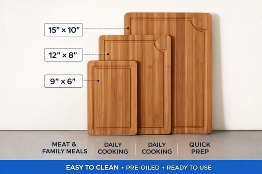 Bamboo Cutting Board Set of 3 (15"×10", 12"×8", 9"×6") – Crack Resistant Boards with Deep Juice Grooves, Handles & Care Guide – Butcher Block for Meat, Veggie & Charcuterie Board