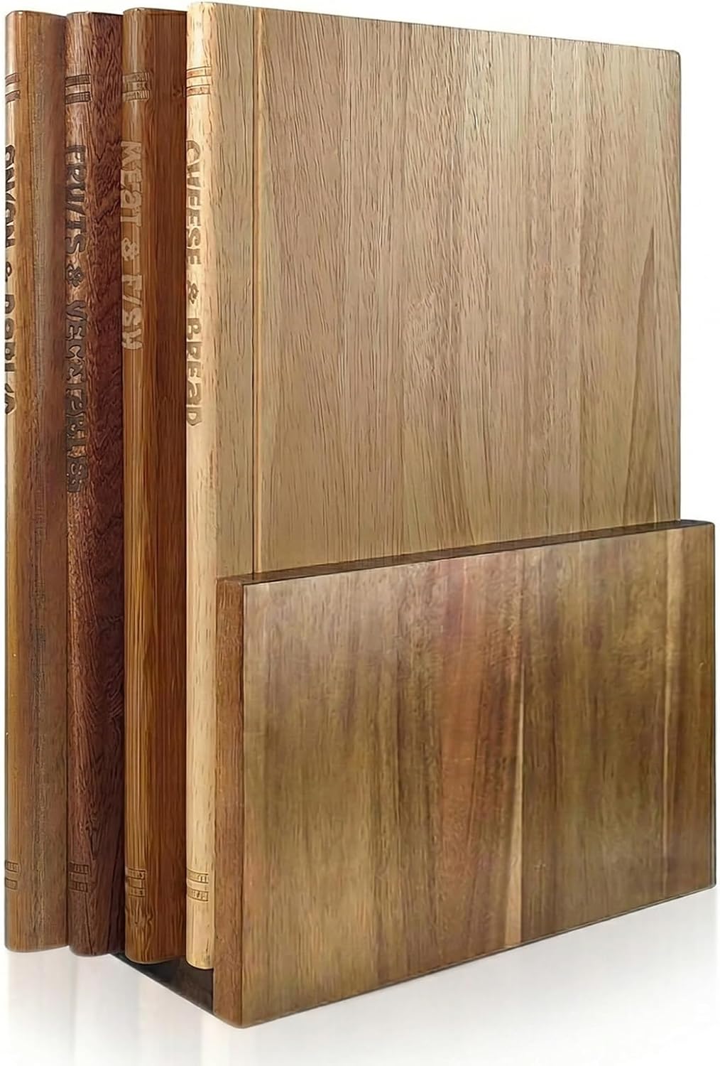Book Cutting Board Set of 4,Solid Wood Cutting Board Library with Magnetic Knife Stand and Food Labels,Kitchen Countertop Chopping Boards for Bread,Cheese,Fish,Meat,Fruits and Vegetables,No Knives(4)