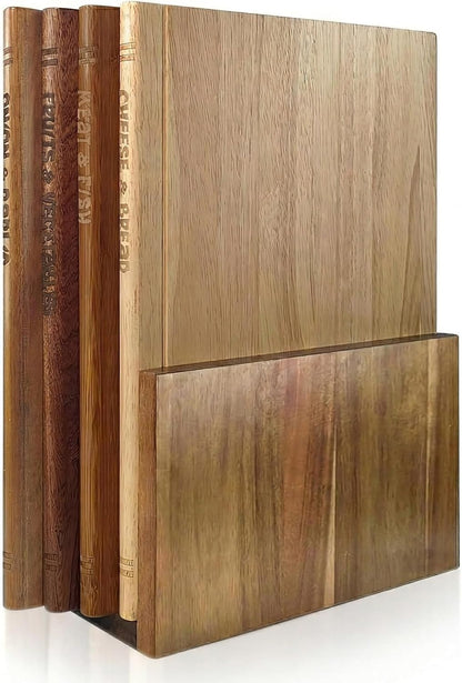 Book Cutting Board Set of 4,Solid Wood Cutting Board Library with Magnetic Knife Stand and Food Labels,Kitchen Countertop Chopping Boards for Bread,Cheese,Fish,Meat,Fruits and Vegetables,No Knives(4)