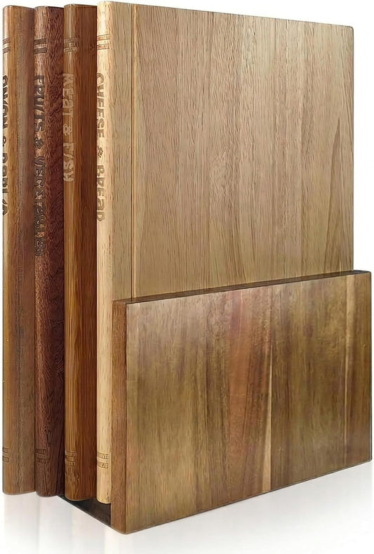 Book Cutting Board Set of 4,Solid Wood Cutting Board Library with Magnetic Knife Stand and Food Labels,Kitchen Countertop Chopping Boards for Bread,Cheese,Fish,Meat,Fruits and Vegetables,No Knives(4)