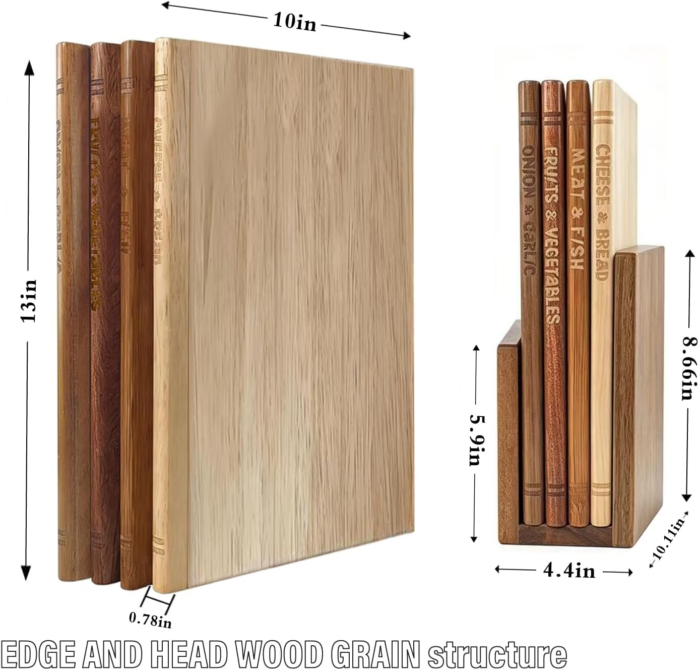 Book Cutting Board Set of 4,Solid Wood Cutting Board Library with Magnetic Knife Stand and Food Labels,Kitchen Countertop Chopping Boards for Bread,Cheese,Fish,Meat,Fruits and Vegetables,No Knives(4)