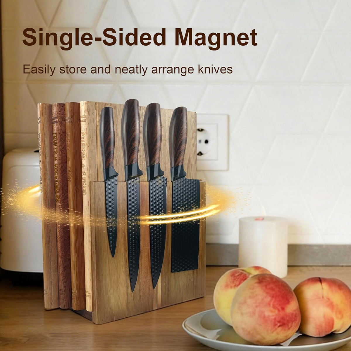 Book Cutting Board Set of 4,Solid Wood Cutting Board Library with Magnetic Knife Stand and Food Labels,Kitchen Countertop Chopping Boards for Bread,Cheese,Fish,Meat,Fruits and Vegetables,No Knives(4)