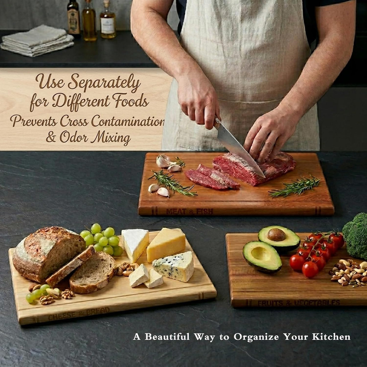 Book Cutting Board Set of 4,Solid Wood Cutting Board Library with Magnetic Knife Stand and Food Labels,Kitchen Countertop Chopping Boards for Bread,Cheese,Fish,Meat,Fruits and Vegetables,No Knives(4)
