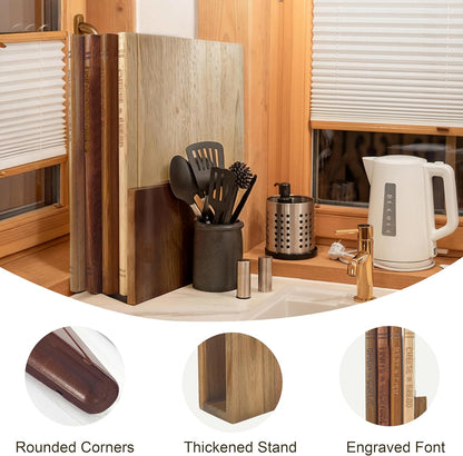 Book Cutting Board Set of 4,Solid Wood Cutting Board Library with Magnetic Knife Stand and Food Labels,Kitchen Countertop Chopping Boards for Bread,Cheese,Fish,Meat,Fruits and Vegetables,No Knives(4)