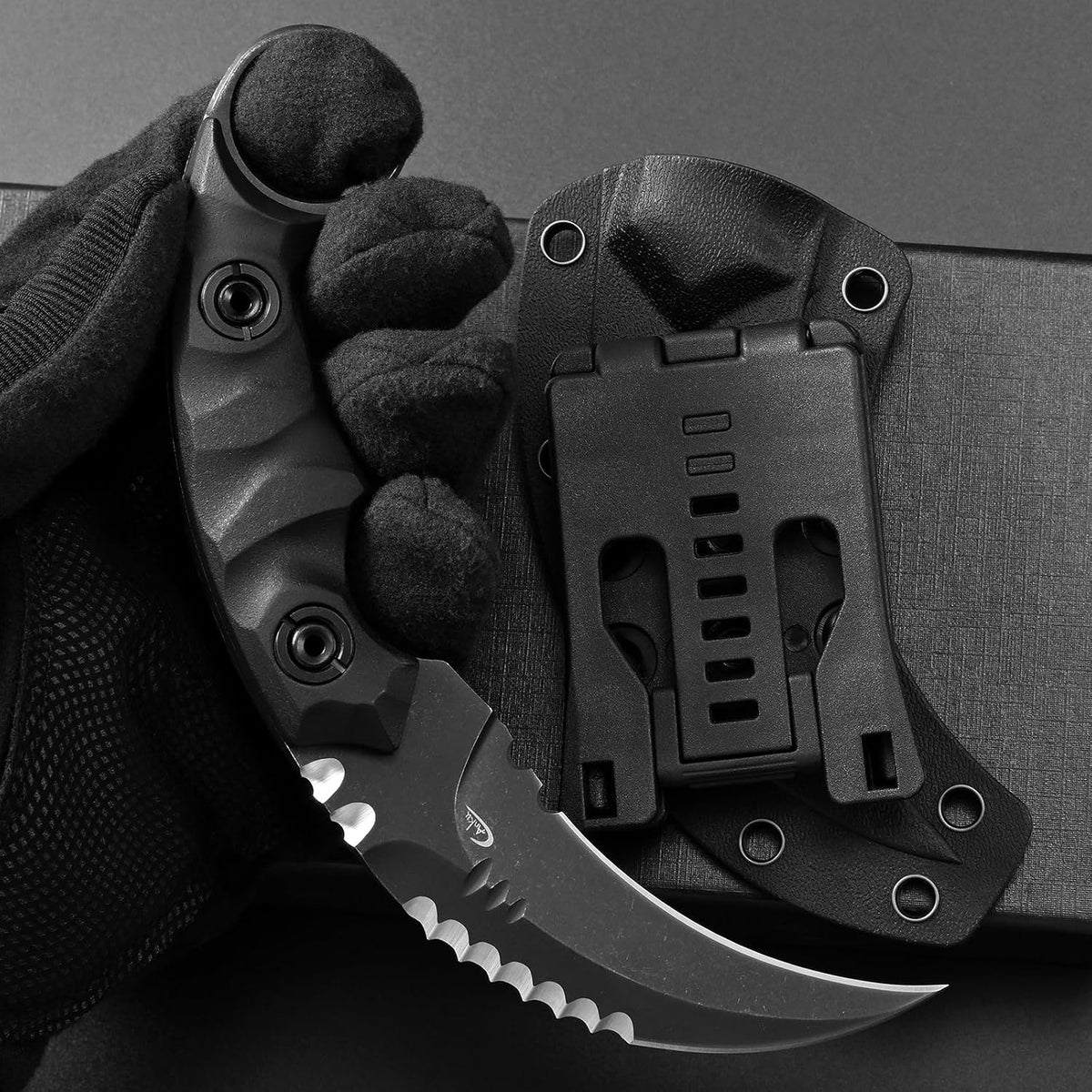 C1691N Fixed Blade Knife,D2 Steel Nylon Fiberglass Handle Outdoor Claw Knife for Survival, Hiking, Camping with Kydex Sheaths(Black)