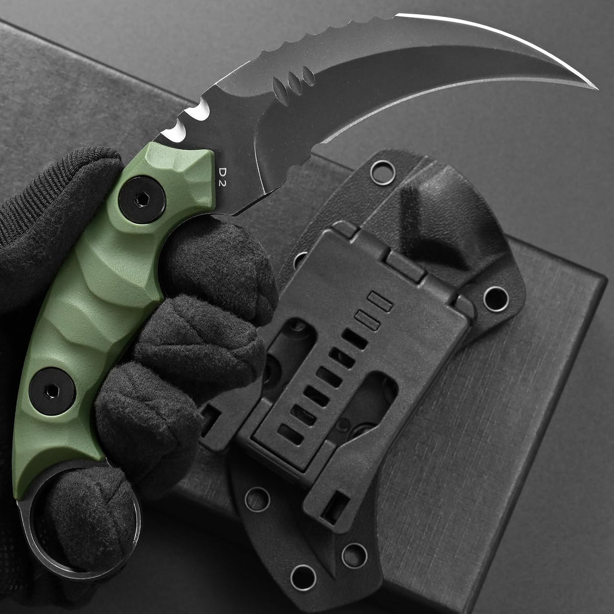 C1691N Fixed Blade Knife,D2 Steel Nylon Fiberglass Handle Outdoor Claw Knife for Survival, Hiking, Camping with Kydex Sheaths(Black)