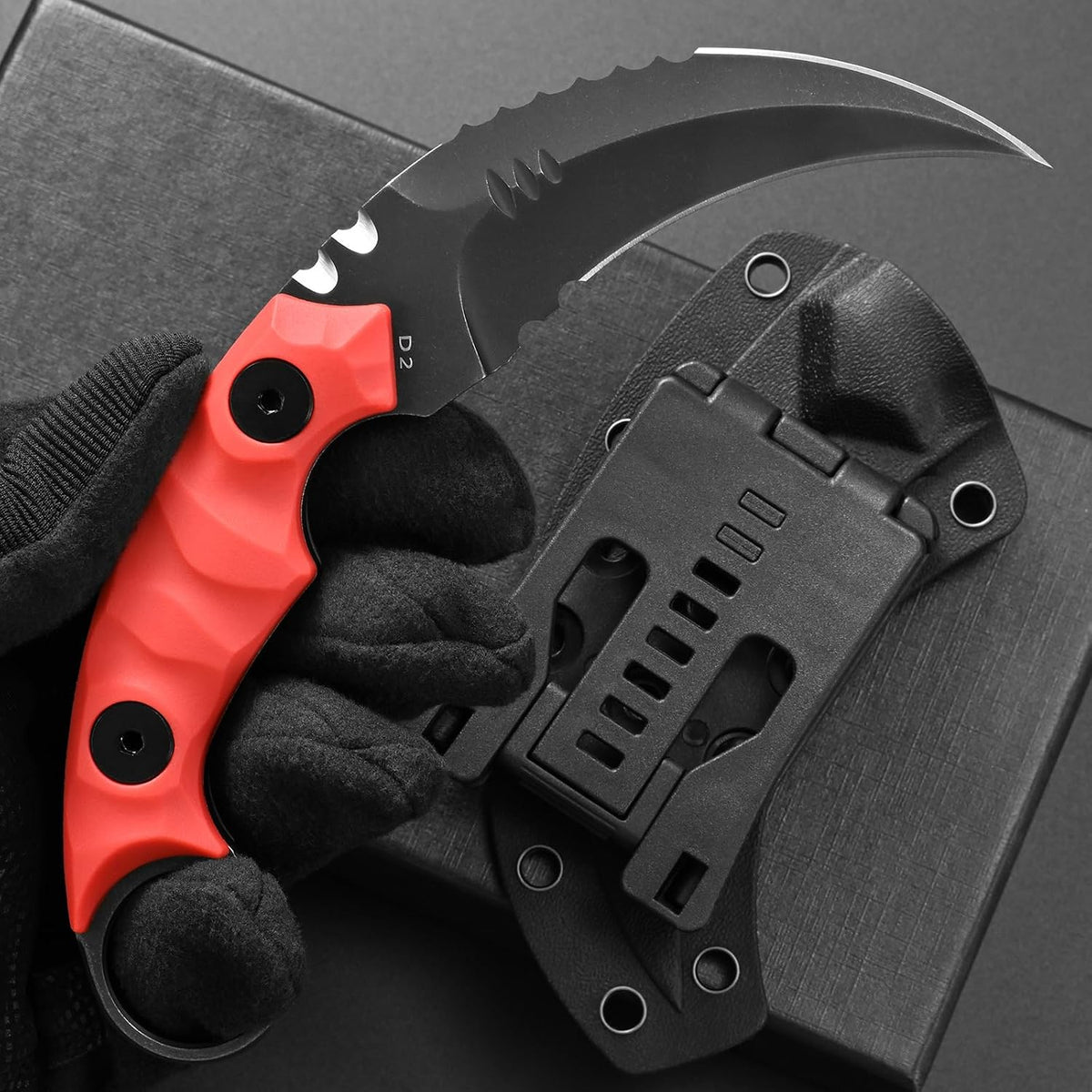 C1691N Fixed Blade Knife,D2 Steel Nylon Fiberglass Handle Outdoor Claw Knife for Survival, Hiking, Camping with Kydex Sheaths(Black)