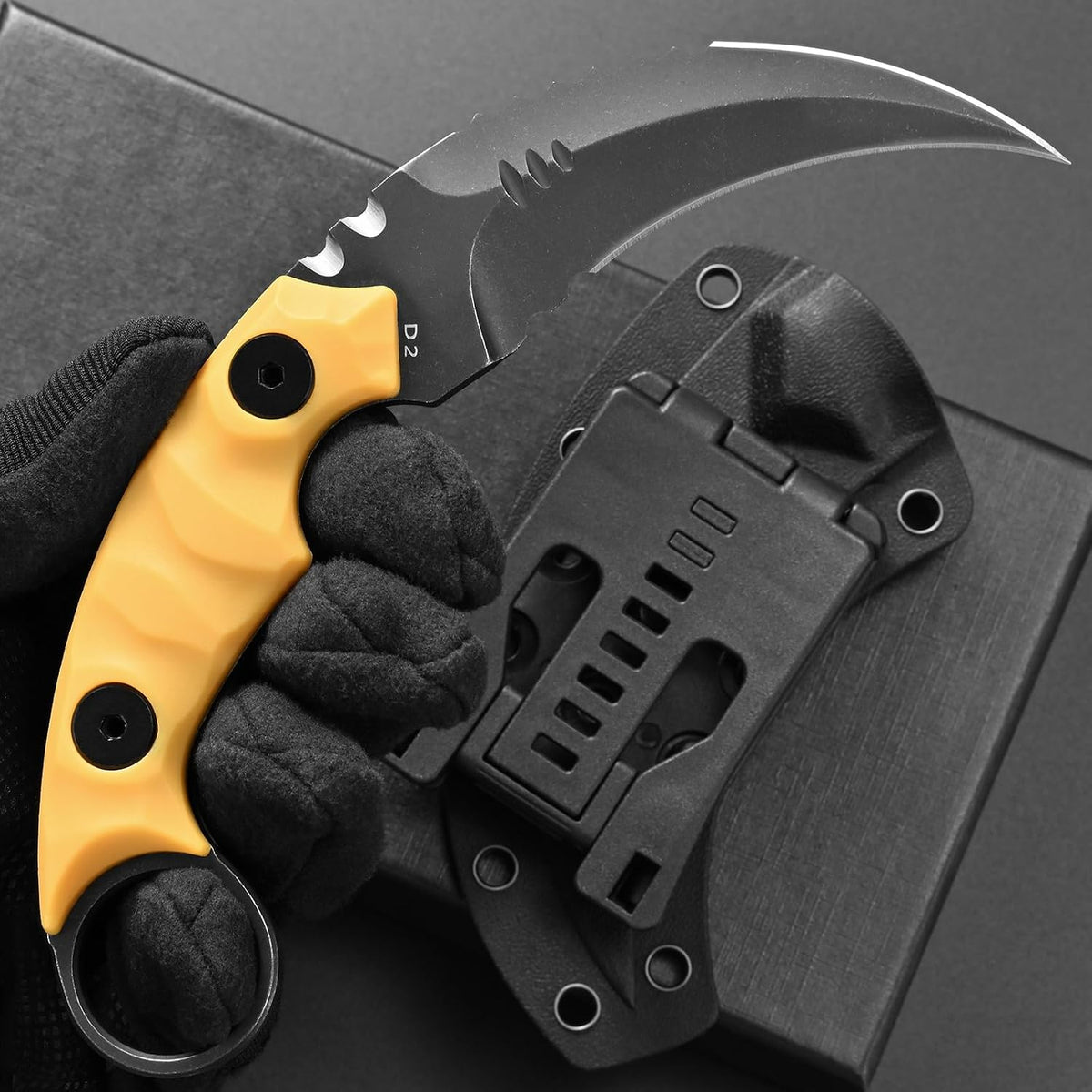 C1691N Fixed Blade Knife,D2 Steel Nylon Fiberglass Handle Outdoor Claw Knife for Survival, Hiking, Camping with Kydex Sheaths(Black)