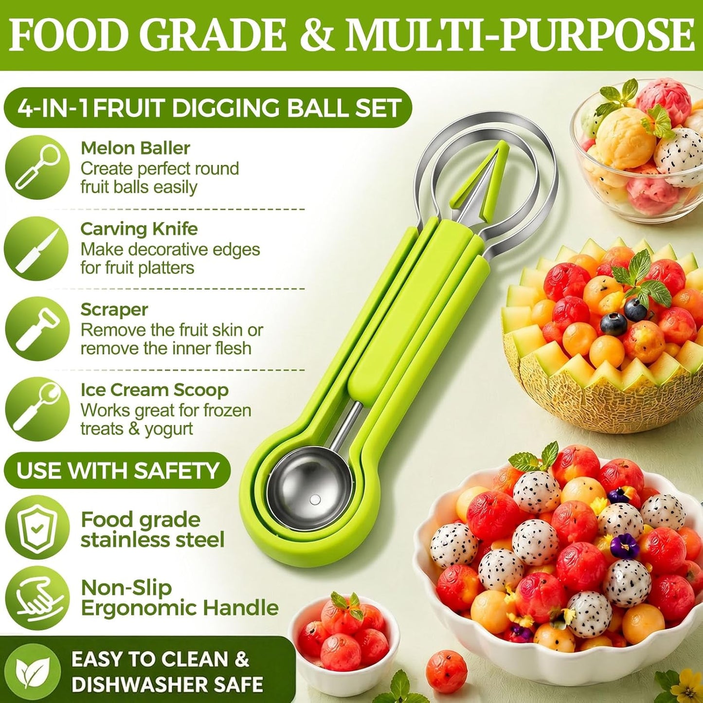 Suuker 4 in 1 Melon Baller Scoop Set, Green | Stainless Steel, Fruit Cutters Shapes, Watermelon Scooper and Baller, Fruit Carving Tools