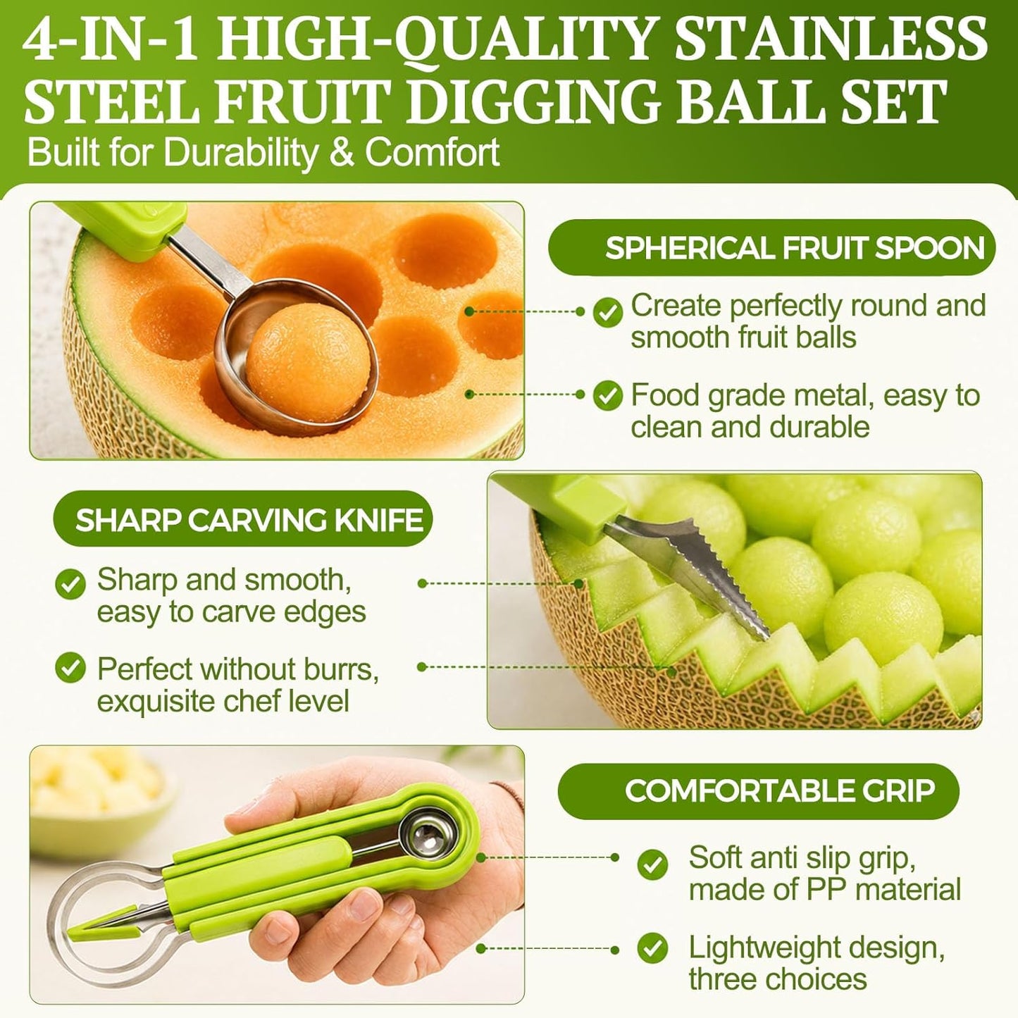 Suuker 4 in 1 Melon Baller Scoop Set, Green | Stainless Steel, Fruit Cutters Shapes, Watermelon Scooper and Baller, Fruit Carving Tools