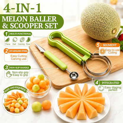 Suuker 4 in 1 Melon Baller Scoop Set, Green | Stainless Steel, Fruit Cutters Shapes, Watermelon Scooper and Baller, Fruit Carving Tools