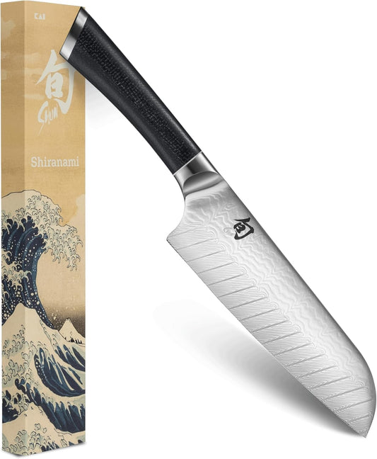 Shiranami 7" Santoku Knife | Handcrafted Japanese All Purpose Kitchen Knife, VG10 and VG2 Damascus Steel Blade, Jute Micarta Handle