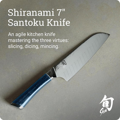 Shiranami 7" Santoku Knife | Handcrafted Japanese All Purpose Kitchen Knife, VG10 and VG2 Damascus Steel Blade, Jute Micarta Handle