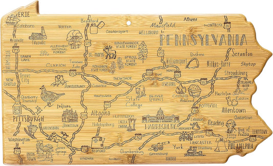 Destination Pennsylvania State Shaped Cutting Board | State charcuterie serving board with engraved map artwork. Smooth reverse side for food prep. Hang tie for wall display.