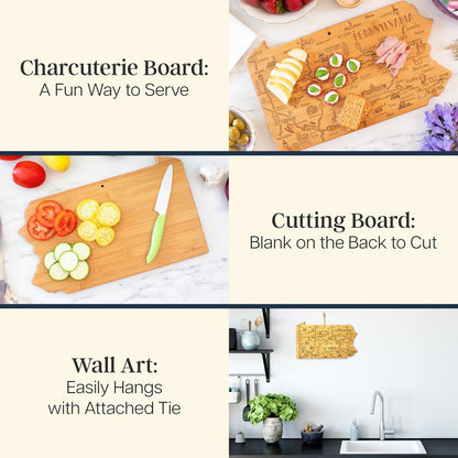 Destination Pennsylvania State Shaped Cutting Board | State charcuterie serving board with engraved map artwork. Smooth reverse side for food prep. Hang tie for wall display.