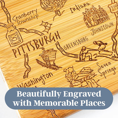 Destination Pennsylvania State Shaped Cutting Board | State charcuterie serving board with engraved map artwork. Smooth reverse side for food prep. Hang tie for wall display.