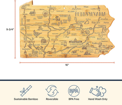 Destination Pennsylvania State Shaped Cutting Board | State charcuterie serving board with engraved map artwork. Smooth reverse side for food prep. Hang tie for wall display.