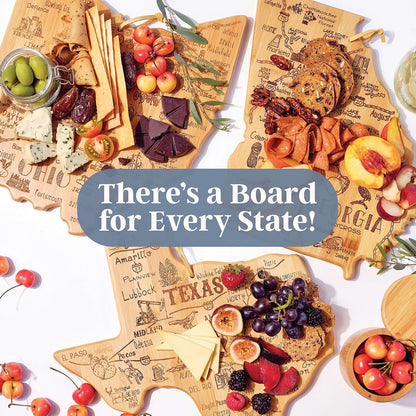 Destination Pennsylvania State Shaped Cutting Board | State charcuterie serving board with engraved map artwork. Smooth reverse side for food prep. Hang tie for wall display.