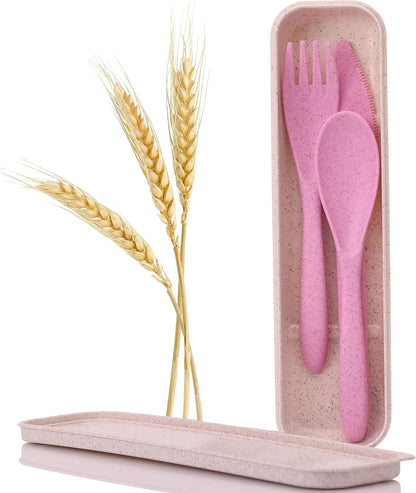Wheat Straw Travel Utensils Set with Case - Kids Cutlery Set - BPA Free Portable Silverware for Lunch Box - Fork Spoon Knife Set with Case - Eco Friendly - Reusable Utensils