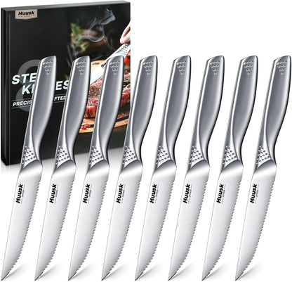 Huusk Steak Knives Set of 8, 4.5 Inch Serrated Stainless Steel Dinner Knife | Razor-Sharp Japanese One-piece Steak Knife Set with Silver Handle, Easy to Clean & Hand Wash, Includes Gift Box