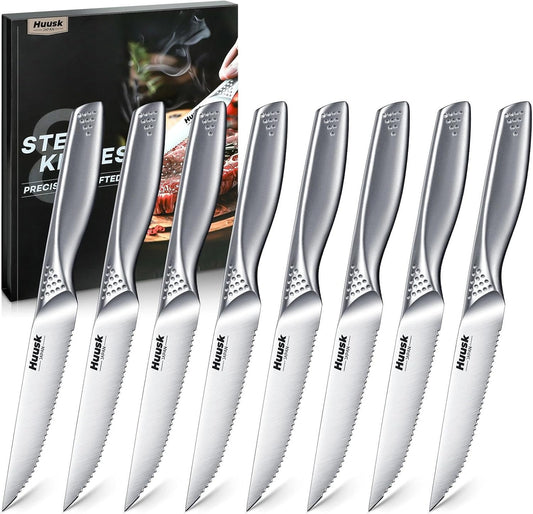 Huusk Steak Knives Set of 8, 4.5 Inch Serrated Stainless Steel Dinner Knife | Razor-Sharp Japanese One-piece Steak Knife Set with Silver Handle, Easy to Clean & Hand Wash, Includes Gift Box