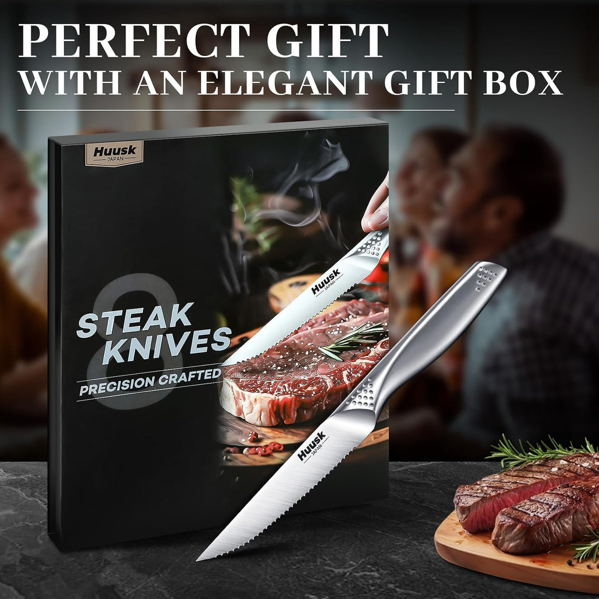 Huusk Steak Knives Set of 8, 4.5 Inch Serrated Stainless Steel Dinner Knife | Razor-Sharp Japanese One-piece Steak Knife Set with Silver Handle, Easy to Clean & Hand Wash, Includes Gift Box
